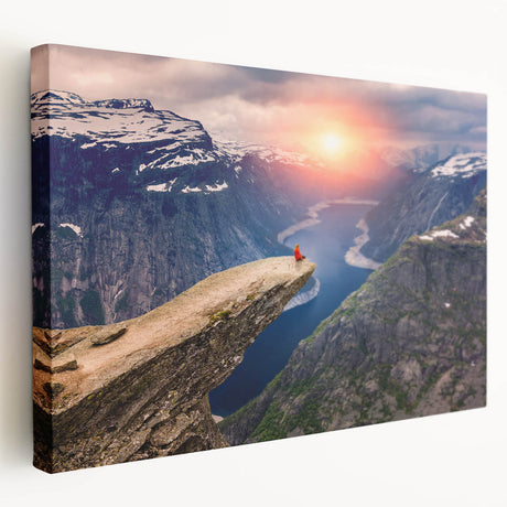 Large stretched canvas depicting a serene Norwegian landscape in muted green and blue tones, suitable for kitchen wall art.