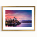 Abstract art print of a European scenery in muted gold and green tones, framed with a gold mat, ideal for dining room decor.