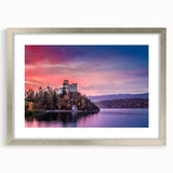 Extra large textured abstract art print of a European scenery in muted earth tones, framed in silver.