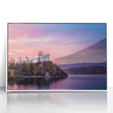 Mid-century modernist art depicting a serene Polish landscape in muted greens and blues on a framed acrylic.