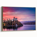 Framed canvas featuring a vintage-style landscape painting of a Polish scenery in muted gold and black tones.