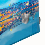 Large abstract wall art of Lisbon scenery in muted earth tones on acrylic glass, suitable for dining room ambiance.