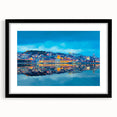 Abstract art print of Lisbon scenery in vibrant colors on a large framed canvas, ideal for living room decor.