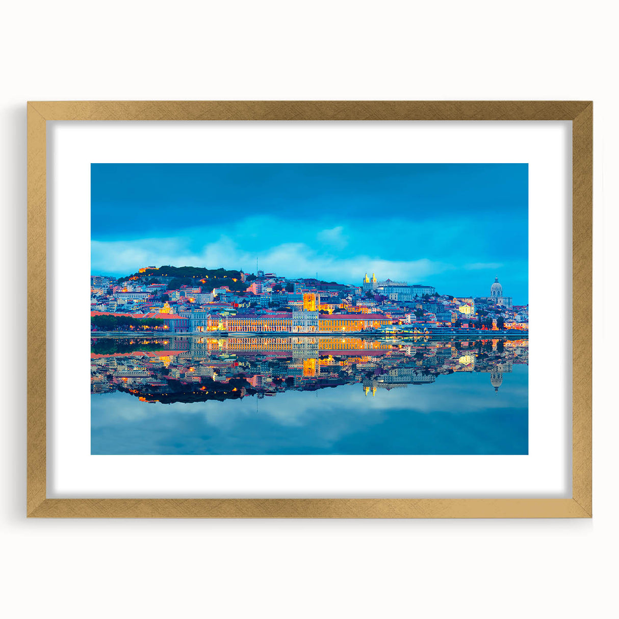 Abstract art print of Lisbon scenery in muted gold and blue tones on a framed canvas, suitable for dining room decor.