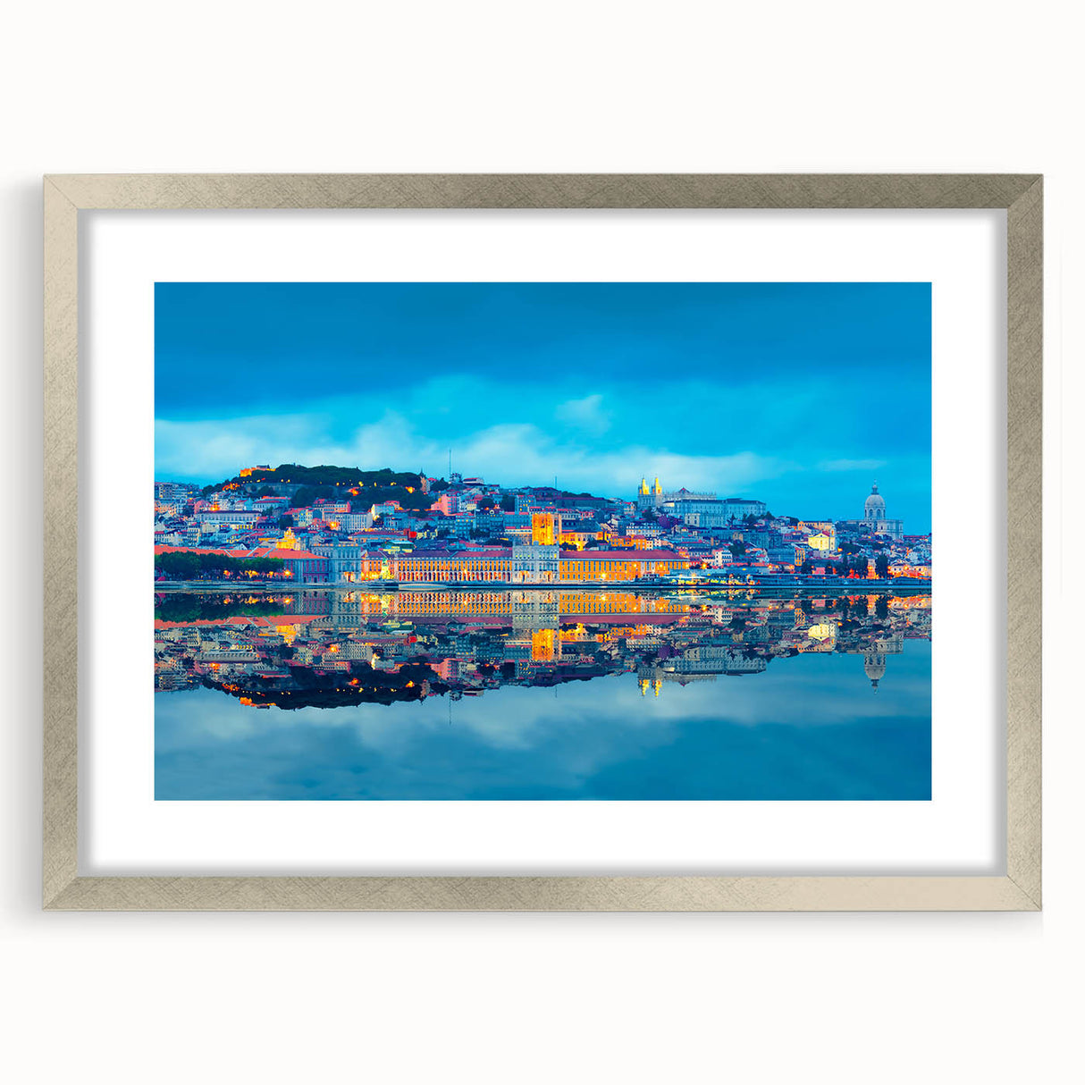 Extra large abstract art print of Lisbon scenery in textured style, with muted earth tones, framed in silver.