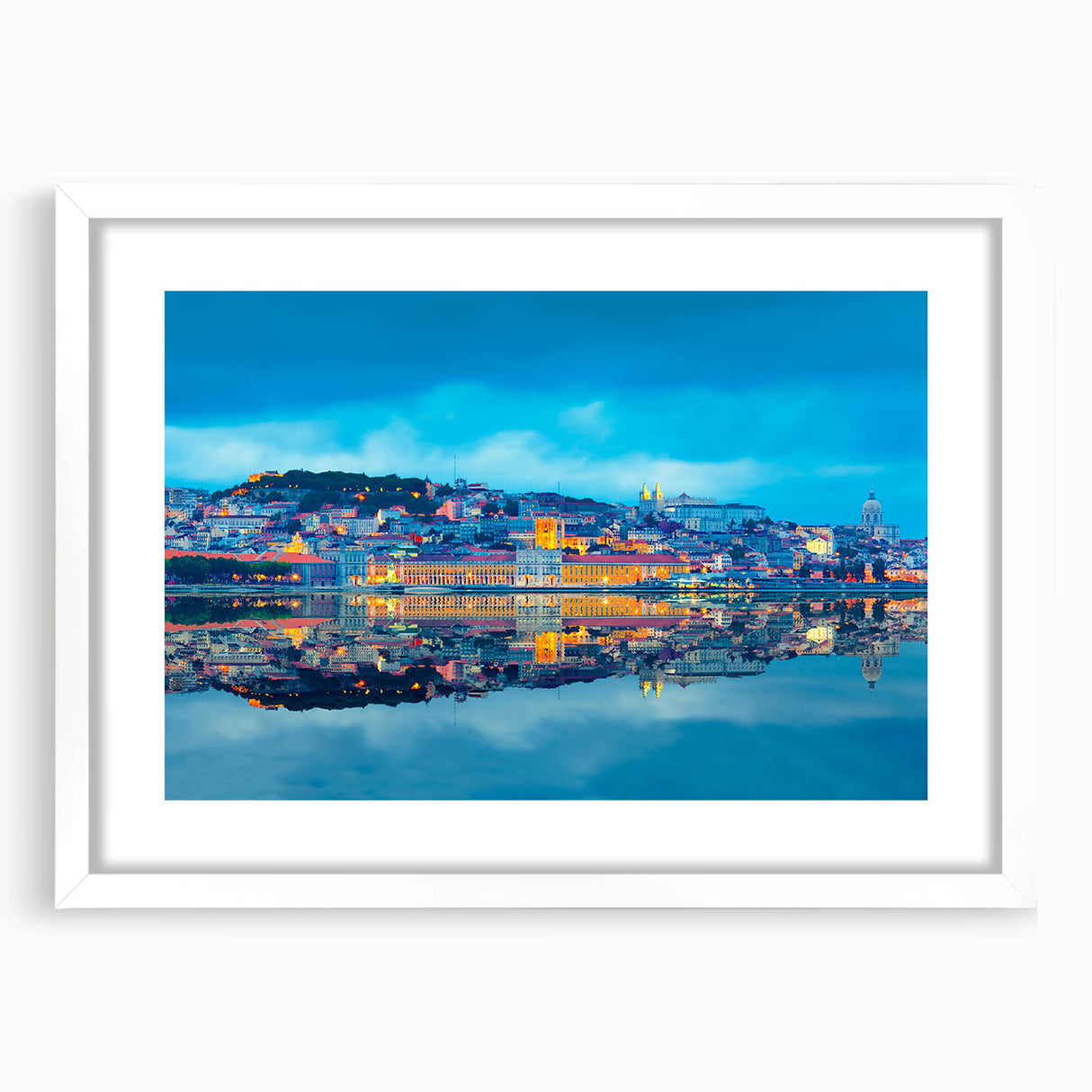 Textured art depicting an abstract Lisbon cityscape in muted earth tones, framed with a white mat, ideal for bedroom decor.