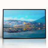 Large abstract wall art of Lisbon's cityscape in muted earth tones on a framed acrylic, perfect for modern living room decor.