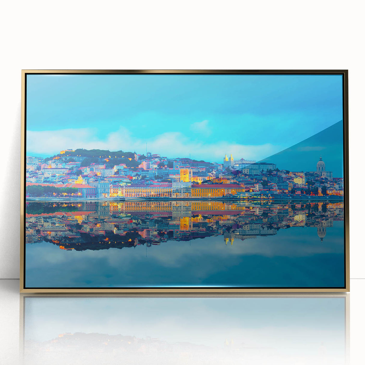 Art deco poster of Lisbon scenery in gold frame, featuring muted earth tones, ideal for modern nursery decor.