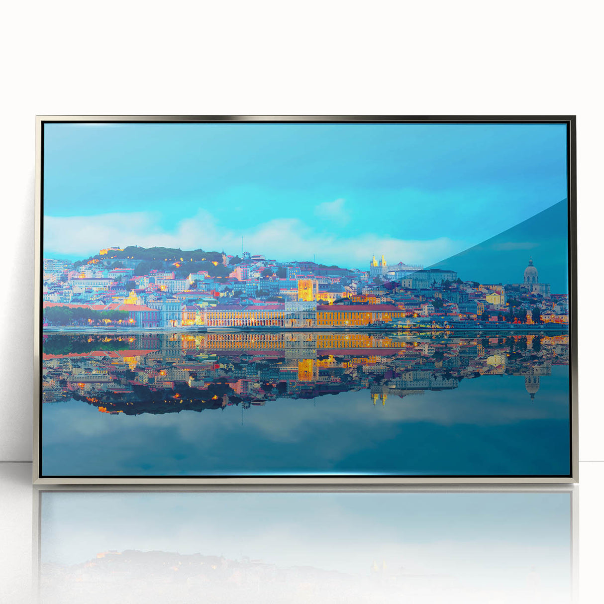 Mid-century modernist art of Lisbon's skyline in muted earth tones, silver-framed acrylic print.