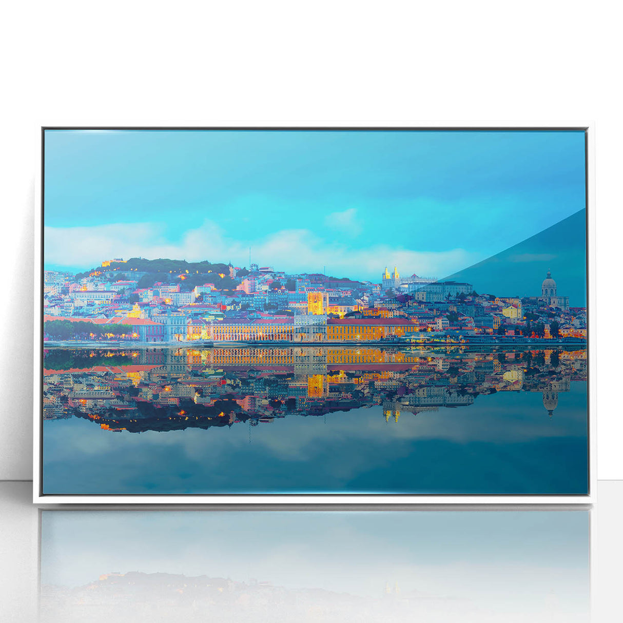 Mid-century modernist art of Lisbon scenery on a framed acrylic, with muted earth tones, ideal for nursery wall art.