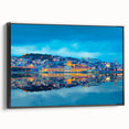 Black and white vintage poster art of Lisbon landscape on framed canvas, ideal for bedroom wall decor.