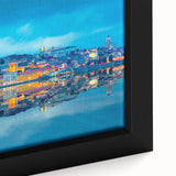 Black wall art featuring a textured Lisbon scenery on a framed canvas, with vibrant colorful art accents.