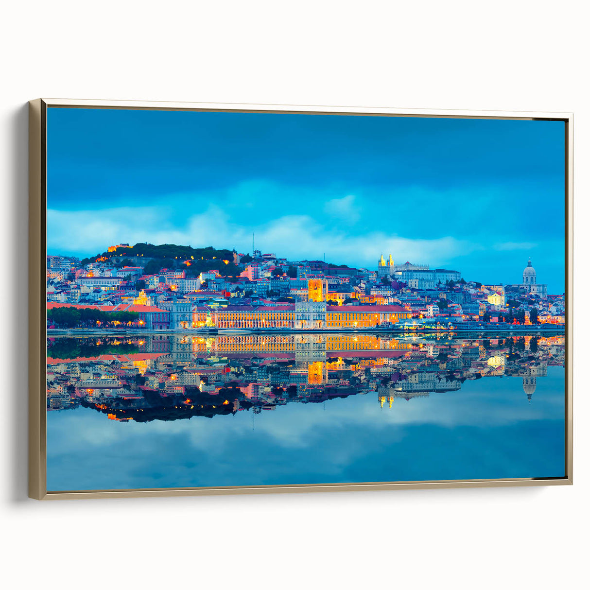 Framed canvas depicting a vintage-style Lisbon landscape in muted gold and black tones, ideal for bedroom wall art.