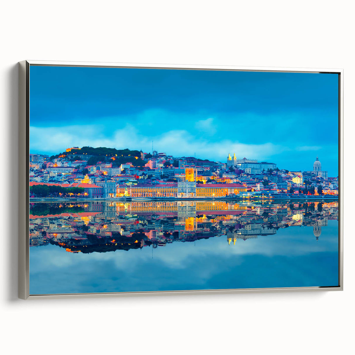 Framed canvas featuring a colorful Lisbon landscape in vintage poster art style, ideal for enhancing black wall decor.