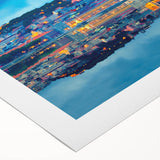 Art deco poster of Lisbon scenery in muted tones on rolled canvas, suitable for dining room wall art.