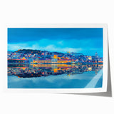 Rolled print of Lisbon scenery with floral elements in pastel colors, ideal for dining room wall art.