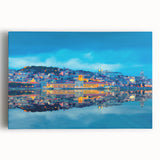 Black and white large art print of Lisbon's cityscape on stretched canvas, ideal for kitchen wall art or bedroom decor.