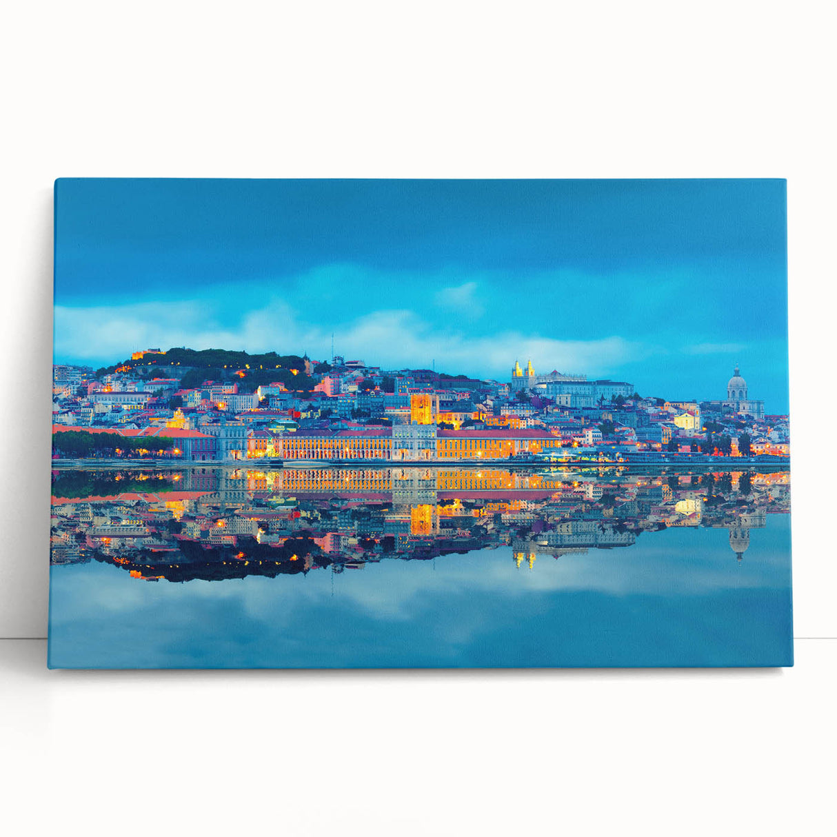 Black and white large art print of Lisbon's cityscape on stretched canvas, ideal for kitchen wall art.