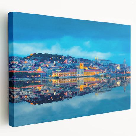 A panoramic acrylic print of Lisbon featuring muted earth tones, ideal for kitchen wall art.