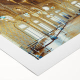 Art deco poster of Porto, Portugal, featuring muted blue and tan hues on rolled canvas, suitable for dining room decor.