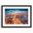 Extra large abstract art print of a colorful Romanian landscape on textured canvas, framed in black.