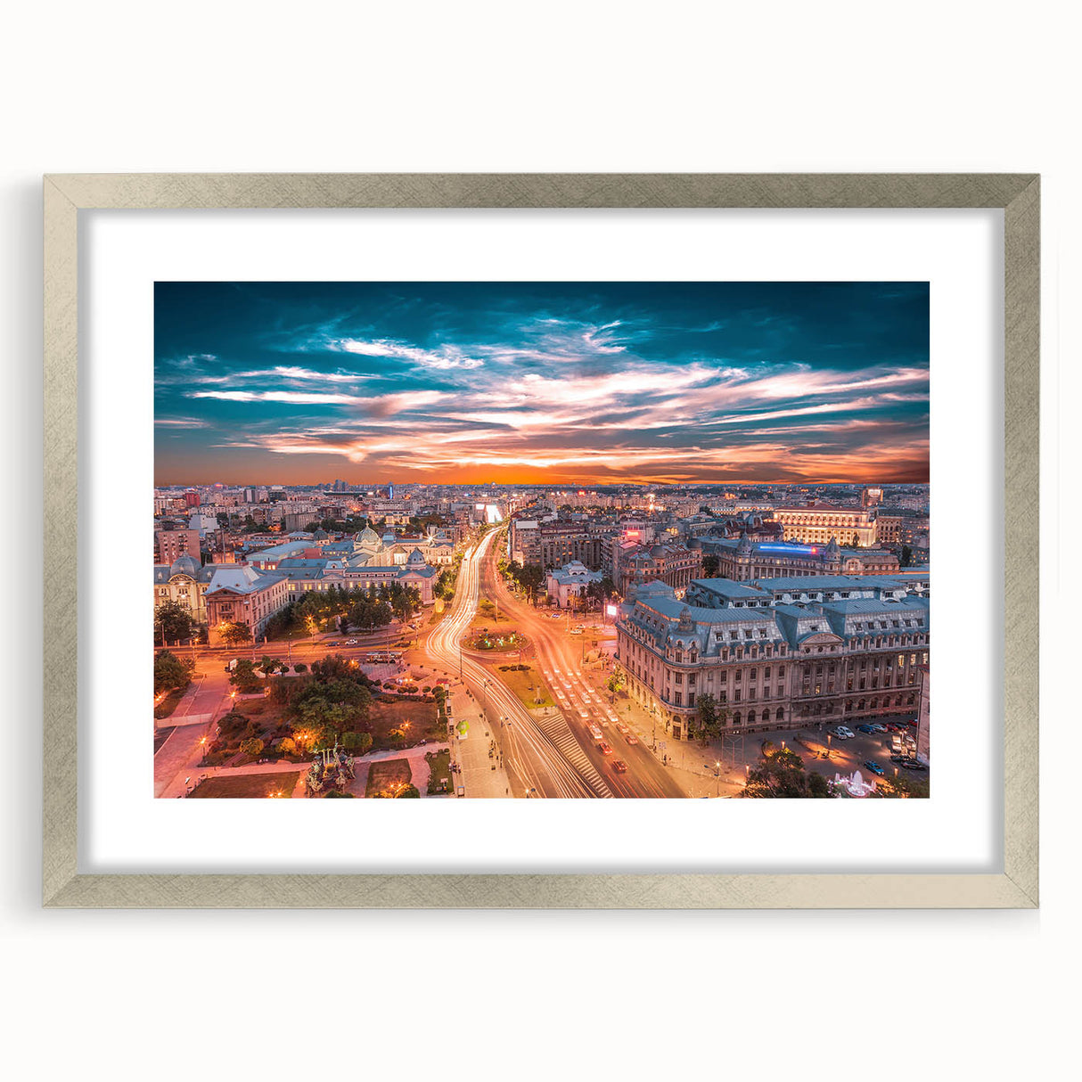 Extra large abstract art print featuring textured scenery of Romania in muted earth tones, framed in silver.