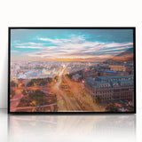 Large abstract wall art featuring a Romanian landscape in muted earth tones, framed in black acrylic.