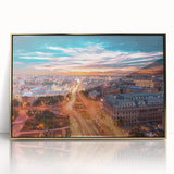 Art Deco poster of a Romanian landscape in gold tones on framed acrylic, suitable for modern art wall decor.