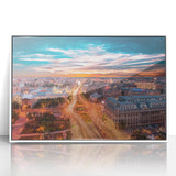 Mid-century modernist art depicting a Romanian landscape, muted earth tones, framed acrylic, ideal for nursery wall decor.