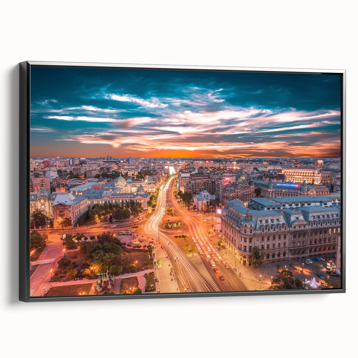 Black and white framed canvas featuring a vintage landscape painting of a Romanian scenery, ideal for bedroom decor.
