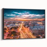 Black and white framed canvas featuring a vintage landscape painting of a Romanian scenery, ideal for bedroom decor.