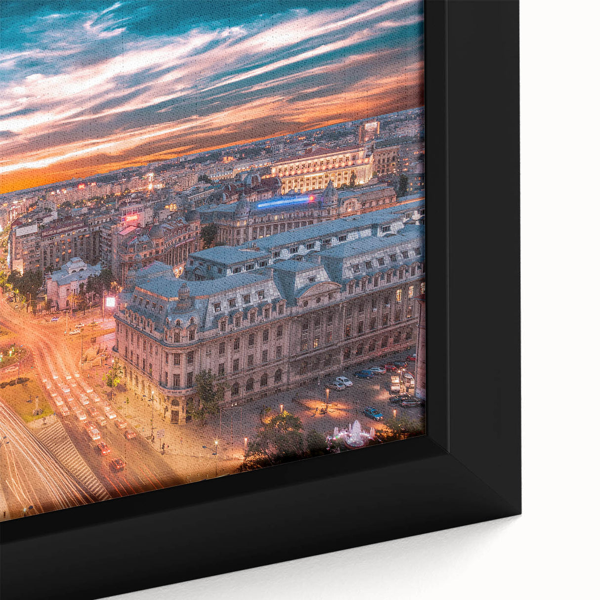 Framed canvas featuring a textured scene of a Romanian landscape in black with vibrant color accents.