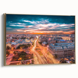 Framed canvas of a vintage-style Romanian landscape painting in black and gold tones, ideal for bedroom wall art.