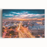 Black and white photograph of a European village scene on stretched canvas, ideal for kitchen wall art.