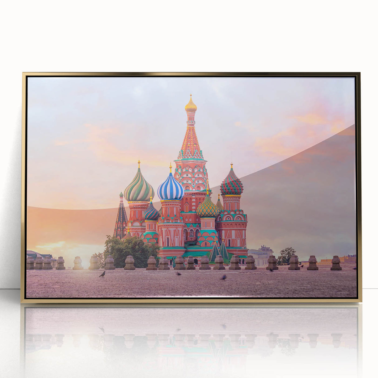 Framed acrylic print of Moscow skyline in art deco style with gold and black tones, ideal for modern art wall decor.