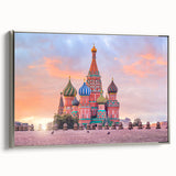 Framed canvas of a vintage-style Moscow landscape featuring colorful buildings and black skies, ideal for office decor.