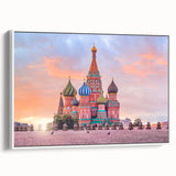 Vintage poster art of Moscow with colorful accents on a large framed canvas, ideal for living room decor.