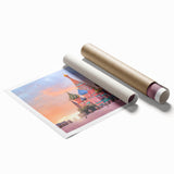 Extra large rolled print of Moscow scenery with floral accents in muted colors, suitable for classy bathroom wall art.