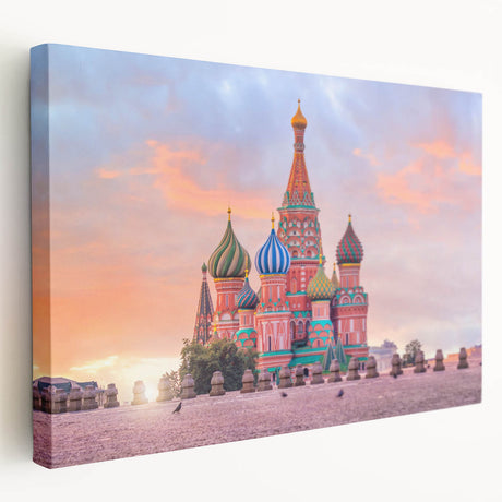 Large stretched canvas depicting a Moscow cityscape in muted gray and blue tones, ideal for kitchen wall art.