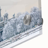 Mid-century modernist large abstract wall art of a European cityscape in muted colors on acrylic glass.