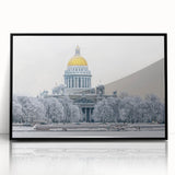 Large abstract wall art depicting the Petersburg skyline in muted gray and blue tones, framed in black acrylic.