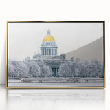 Art deco poster of St. Petersburg scenery in muted gold and blue tones, framed acrylic, ideal for modern art wall decor.