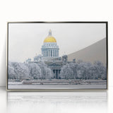 Acrylic print of a mid-century modernist Petersburg scenery in muted gray tones, ideal for modern art wall decor.