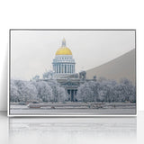 Mid-century modernist art of St. Petersburg skyline in muted pastel shades on framed acrylic, suitable for nursery wall art.