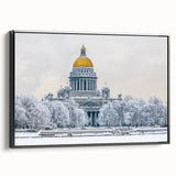 Black and white wall art of St. Petersburg landscape on framed canvas, ideal for bedroom decor.
