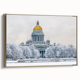 Framed canvas of a vintage-style Petersburg landscape in black and gold tones, ideal for bedroom wall art.