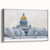 Framed canvas featuring a vintage-style landscape painting of Saint Petersburg with vibrant.