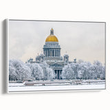 Vintage poster art of St. Petersburg with colorful imagery on a large framed canvas, suited for living room decor.