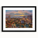 Extra large abstract art print of colorful, textured scenery, framed in black, ideal for living room decor.