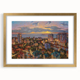 Abstract art print of a European cityscape in muted gold and blue tones on a framed canvas, suited for dining room decor.